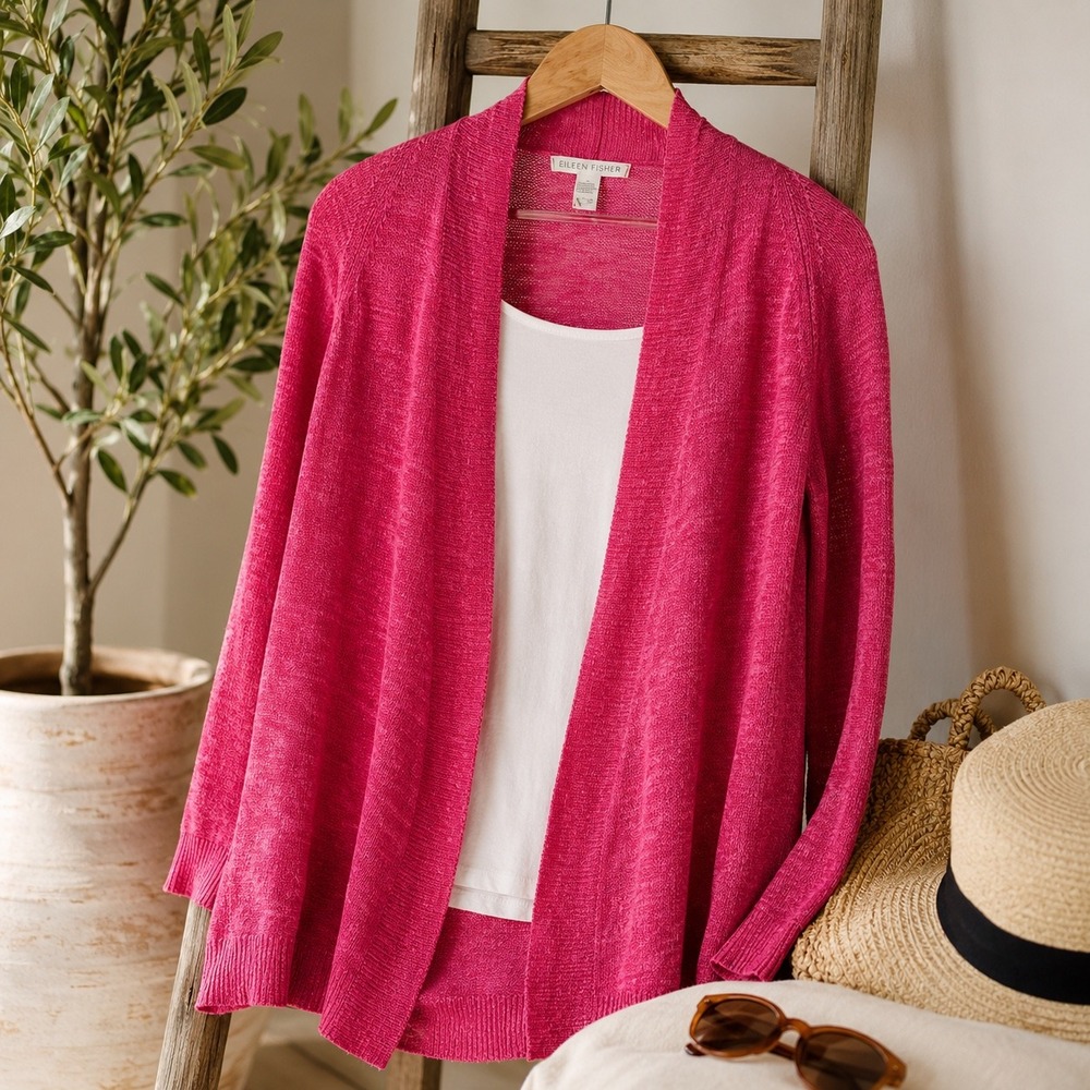 Eileen Fisher Organic Linen Cotton Open Front Cardigan XS‎ Pink Light Layer